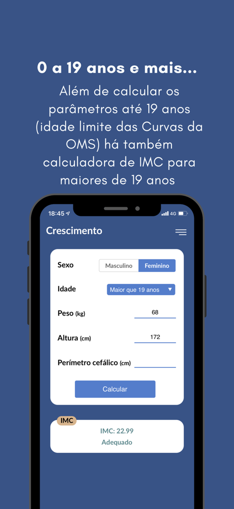 Screenshot der Wachstumsrechner-App, der eine BMI-Berechnung für einen Erwachsenen mit Ergebnissen anzeigt, die ein angemessenes Gewicht angeben.
