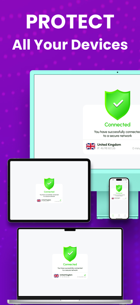 Fast VPN interface showing a secure connection status across multiple devices including iPhone and iPad