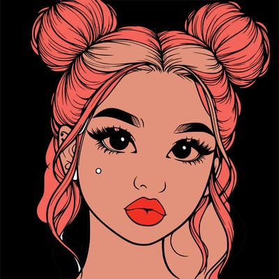 realistic girl with two buns on her hair and lips