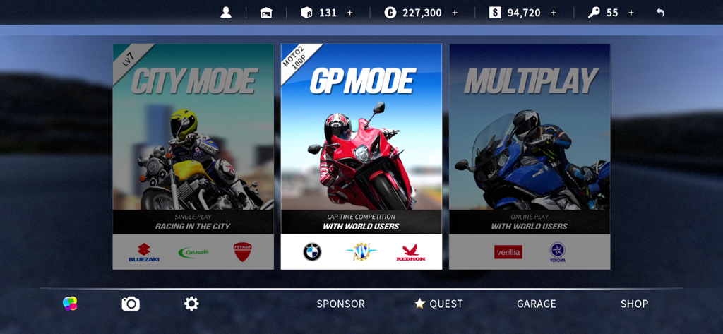 Real Moto 2 - Real Moto 2 game menu showing City Mode GP Mode and Multiplay options
