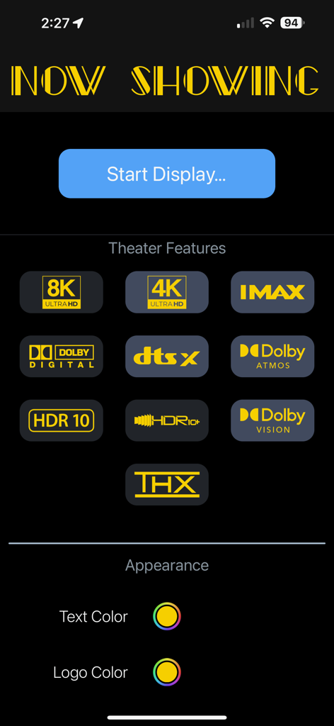Now Showing – Movie Poster TV - Interface of the Now Showing app displaying theater feature logos like 8K and Dolby Atmos with appearance settings for text and logo colors