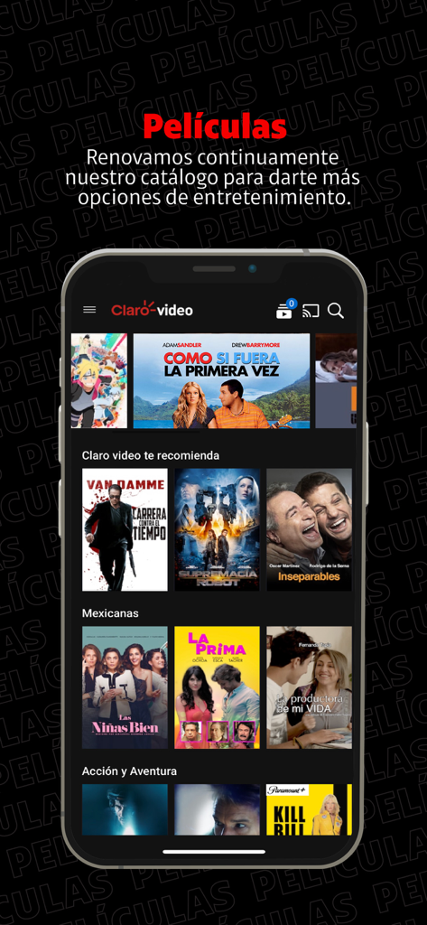 Claro video - スペイン語で映画のカテゴリとポスターを表示するクラロビデオアプリのインターフェース