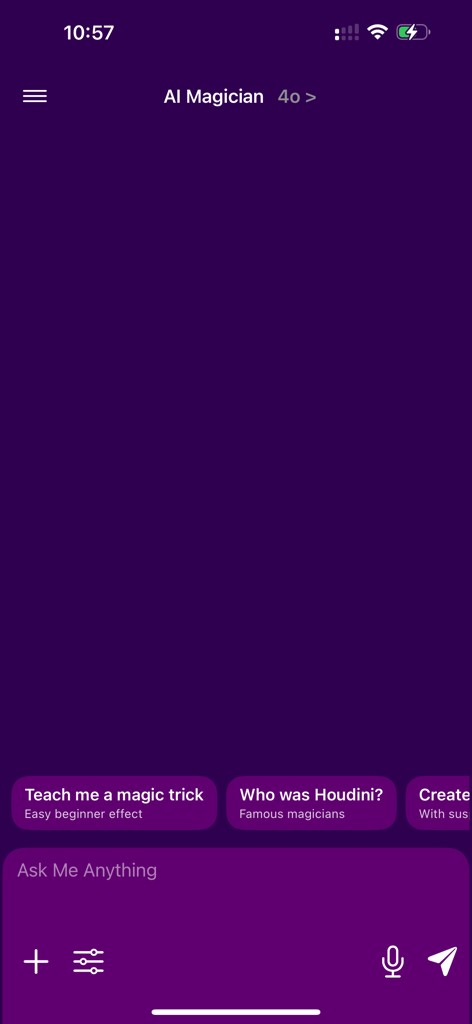 MentyX - The MentyX app main chat interface titled AI Magician featuring prompt suggestions for magic tricks and mentalism