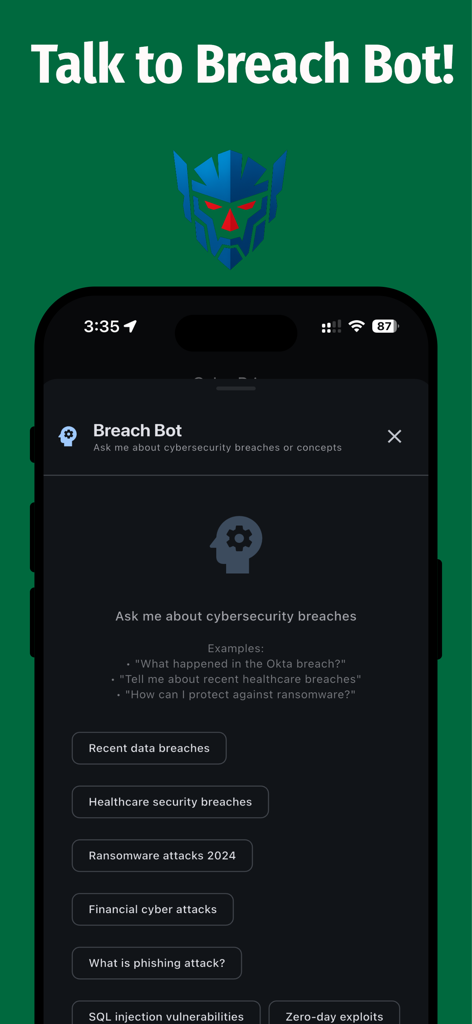 CyberPrism: CISA KEV & CVE - CyberPrism App Breach Bot-Oberfläche, die einen KI-Assistenten für Anfragen zu Cybersicherheitsvorfällen mit vorgeschlagenen Suchthemen zeigt