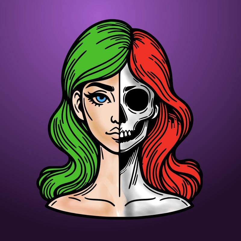 bust of a woman, half face and hair, half skull