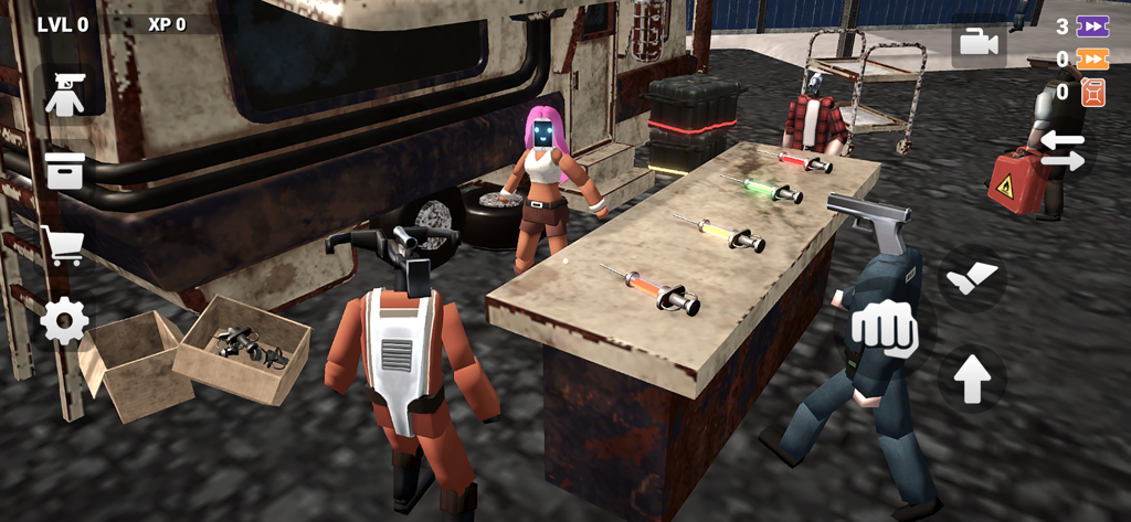 Last Life Sandbox - Last Life Sandboxのゲームプレイ画面。ユニークなキャラクターと実験用の注射器がテーブルの上にあります。