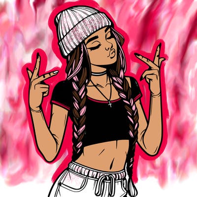 realistic teenage girl with braids and a beanie and crop top doing 🫶🏼