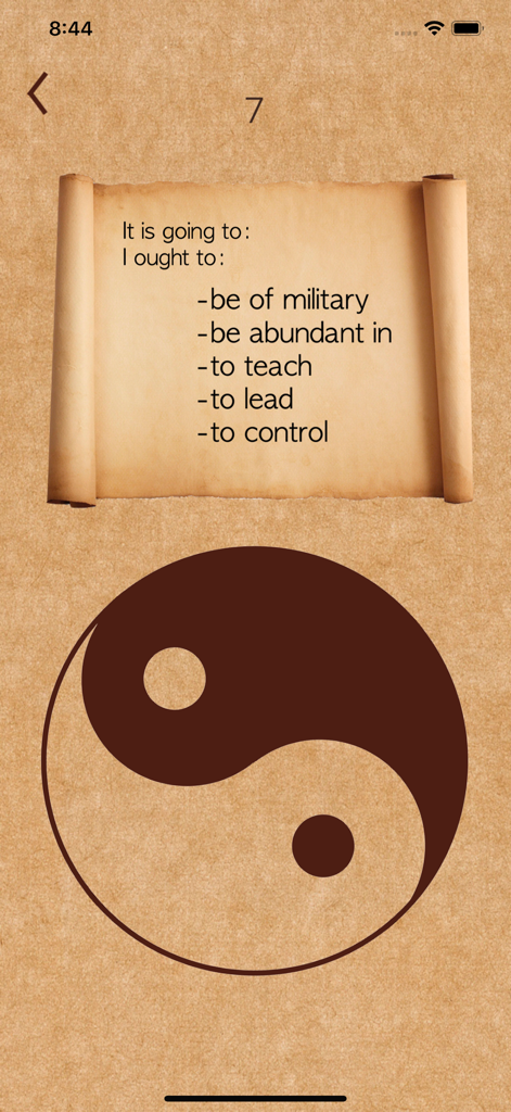 I Ching - Smart Chinese Wisdom - A screenshot of the I Ching app showing a Yin Yang symbol and philosophical advice on a scroll