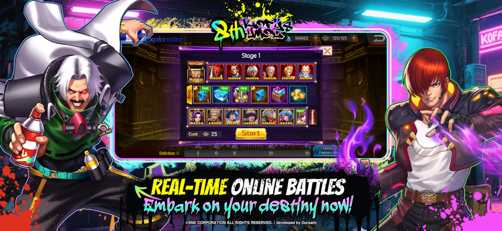 KOF'98 UM OL - KOF'98 UM OL 8th anniversary promotional image showing real-time online battles and character lineup