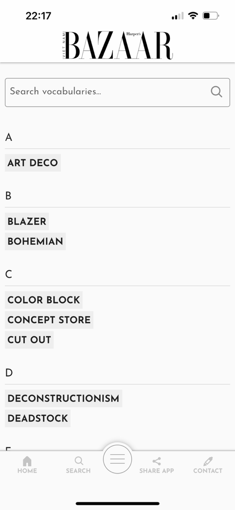 Harper's Bazaar VN - A search screen for fashion vocabularies in the Harper's Bazaar VN mobile app.