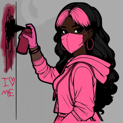 realistic girl with mask spray painting a wall