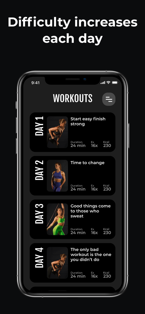 Fitness for Women - Fit Flame - Una pantalla de smartphone que muestra un desafío de fitness de 30 días con planes de entrenamiento diarios y seguimiento de calorías para mujeres.