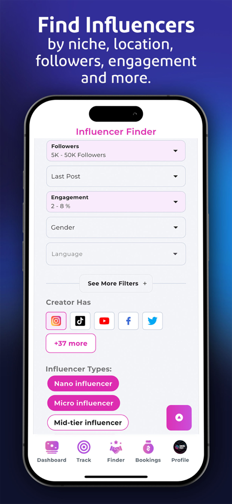 Jem: Turn Content Into Cash - Interface of the Jem Social app Influencer Finder showing filters for followers engagement and social media platforms