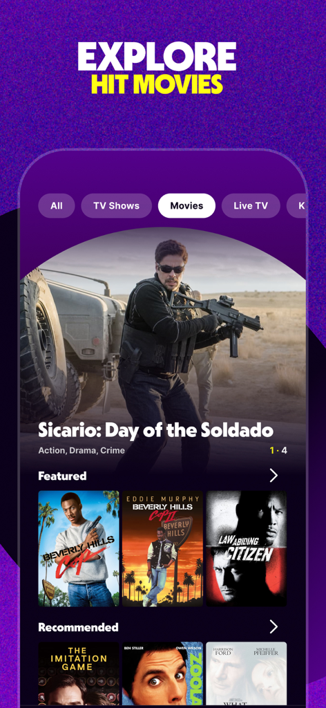 Tubi app interface showing a selection of hit movies including Sicario and Beverly Hills Cop
