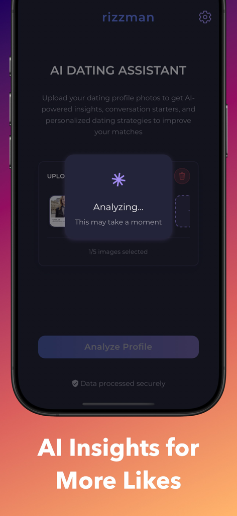 Rizz App - AI Dating Wingman - Interfaz de Rizz App mostrando el Asistente de Citas con IA analizando fotos de perfil para proporcionar información y conseguir más conexiones.