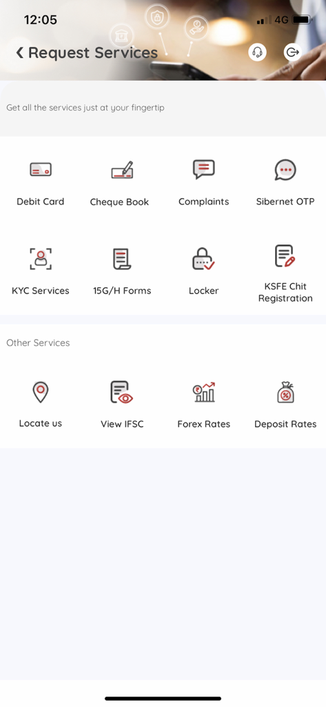 SIB Mirror plus mobile banking app request services screen showing options for debit card cheque book KYC and forex rates