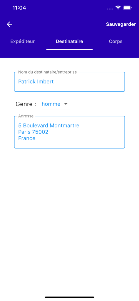 Form for entering recipient name and address in the Motivation letter app