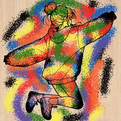 realistic girl jumping with a bun and oversized sweatshirt