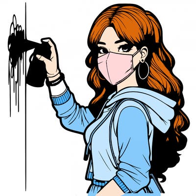 realistic girl with mask spray painting a wall