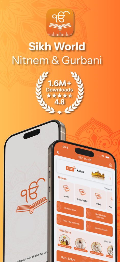 Sikh World app home screen displaying Live Kirtan, Nitnem prayers, and Sikh Guru history sections on an iPhone.