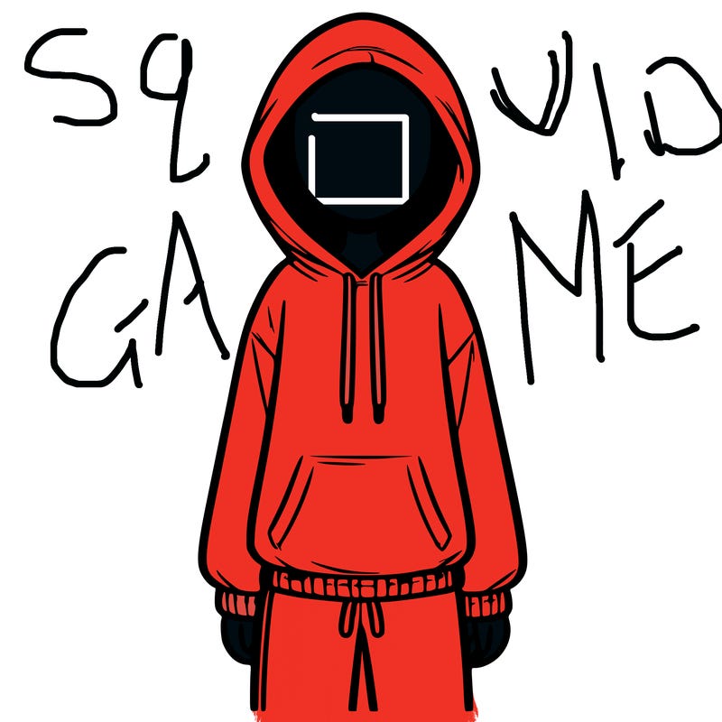 faceless girl in a tracksuit with a hood on and no hair