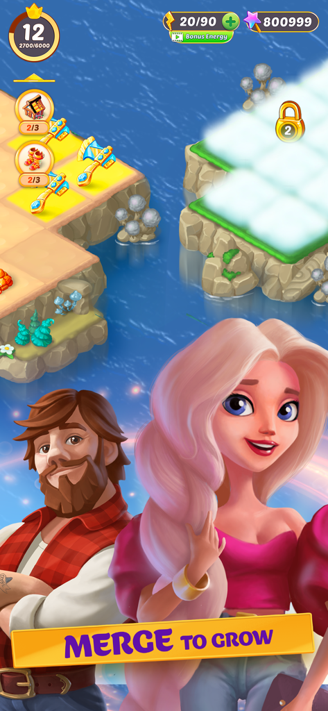 EverMerge game characters standing in front of a floating island with the text Merge to Grow