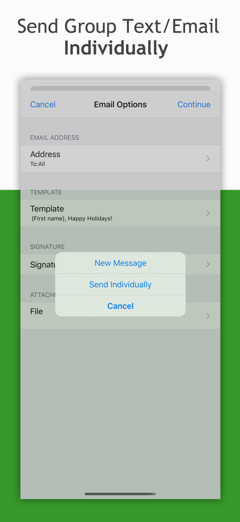Smart Group: Email, SMS/Text - Interface showing email options with a popup to send personalized group messages individually using templates.