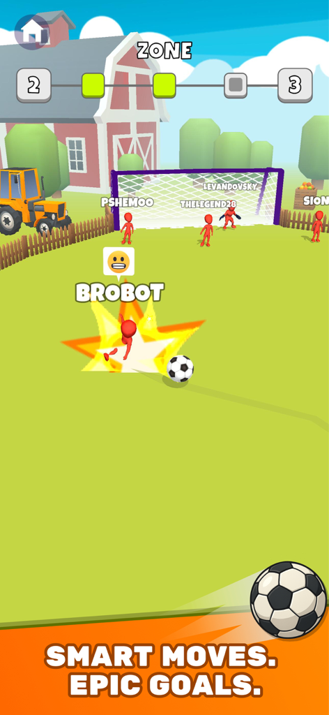 Jugabilidad del juego de fútbol Crazy Kick mostrando un balón de fútbol moviéndose hacia una portería en un campo de granja con defensores