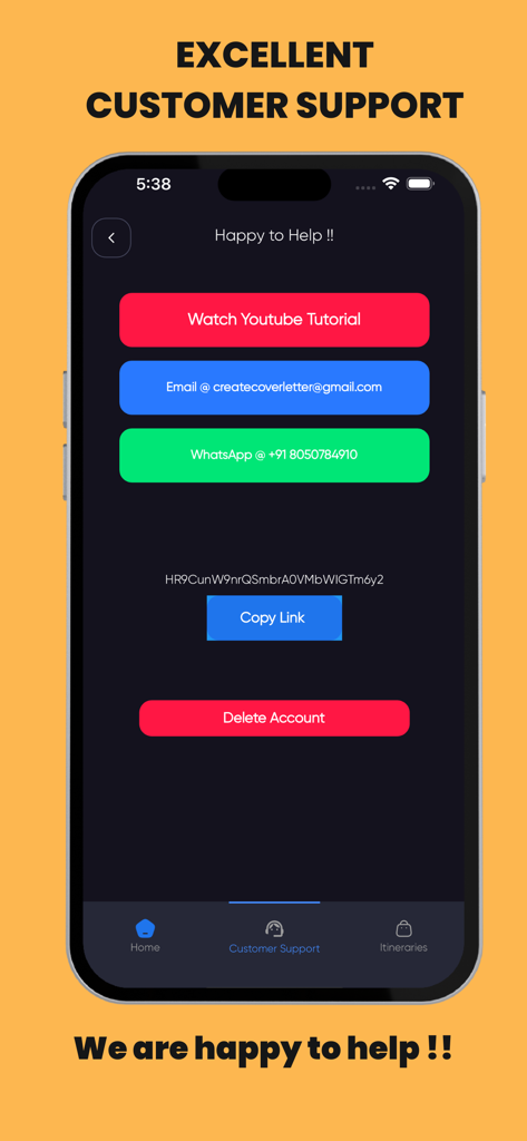 FlightGen Flight Itinerary App - FlightGen app customer support page showing contact options via email and whatsapp