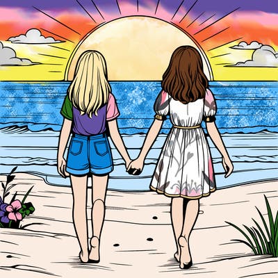 realistic sunset with two girls walking in the sand holding hands