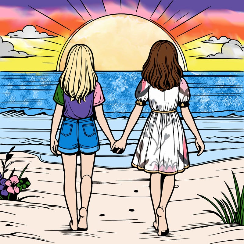 realistic sunset with two girls walking in the sand holding hands
