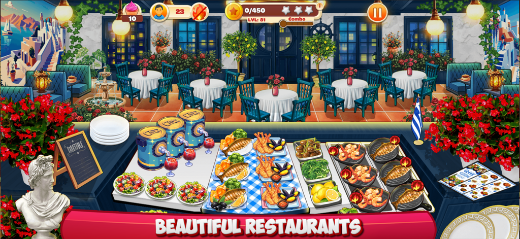 A vibrant Greek restaurant kitchen in Cooking Mastery showing seafood platters and salads ready to serve