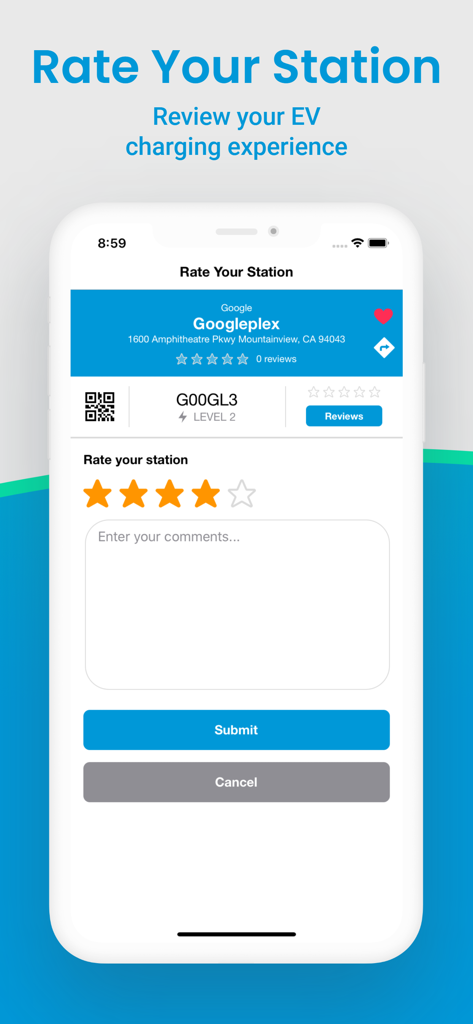 EV Connect mobile app screen for rating and reviewing an electric vehicle charging station experience