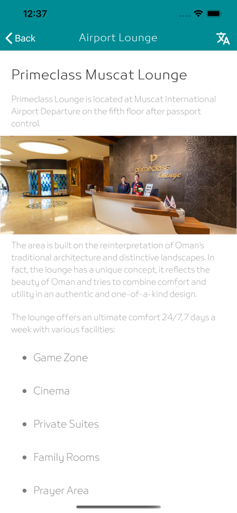 Detalles del Primeclass Muscat Lounge, incluida la ubicación y las instalaciones disponibles en el Aeropuerto Internacional de Mascate.