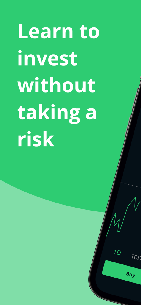 MarketSim - MarketSim mobile app interface featuring a stock chart and text about risk-free investing.