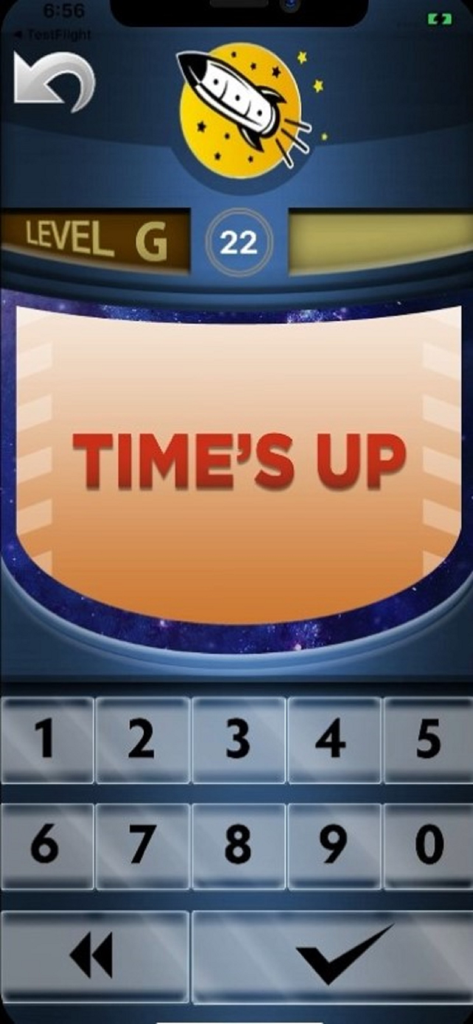 Rocket Math Online Tutor - Rocket Math Online Tutor Level G interface with a Times Up alert and numeric keypad