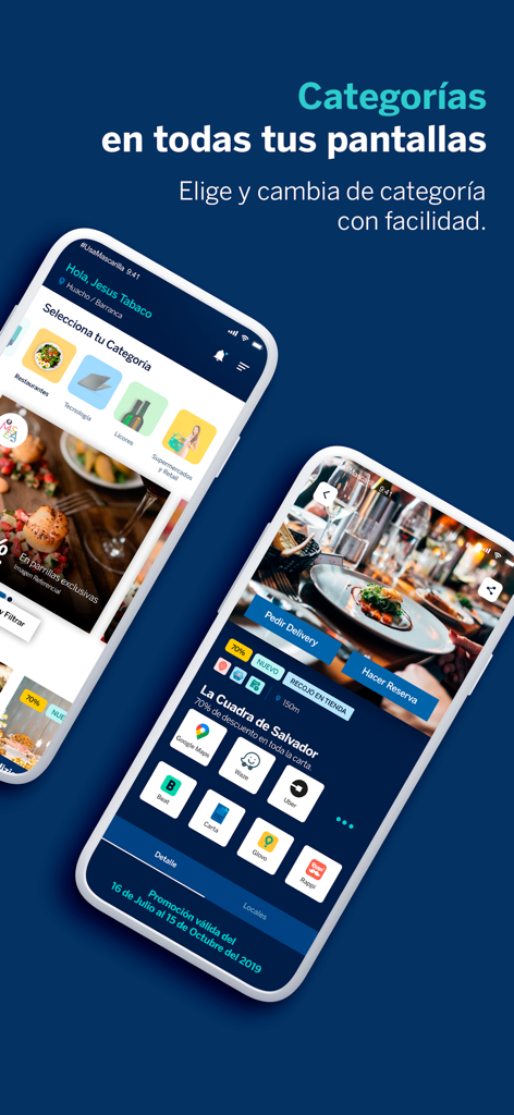 BBVA Beneficios mobile app interface showing lifestyle categories and restaurant reward details with delivery app integration