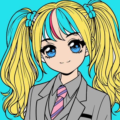 realistic girl with two ponytails and a suit on