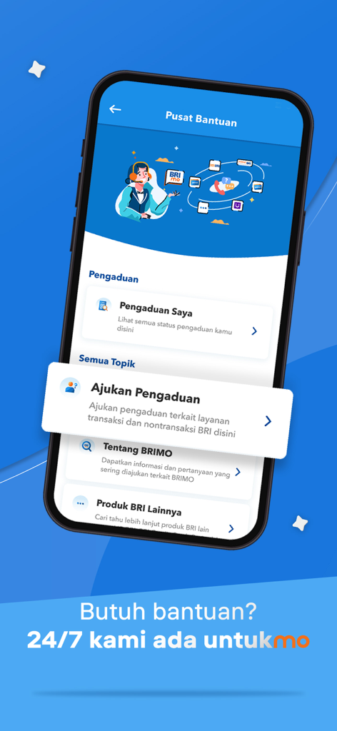 BRImo BRI mobile app help center screen displaying 24/7 customer support options and complaint submission features.