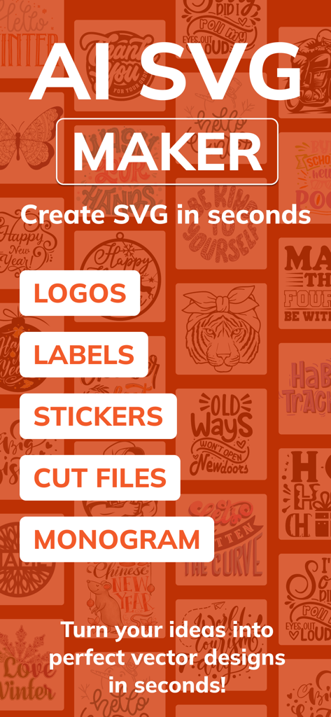 AI SVG Converter - SVG Maker - AI SVG Maker app interface showcasing logo label sticker cut file and monogram creation