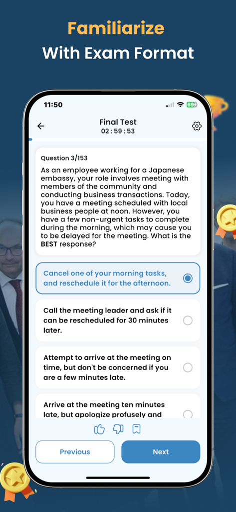 FSOT Practice Test 2026 - A smartphone screen showing a situational practice question from the FSOT Practice Test 2026 app mock exam interface.