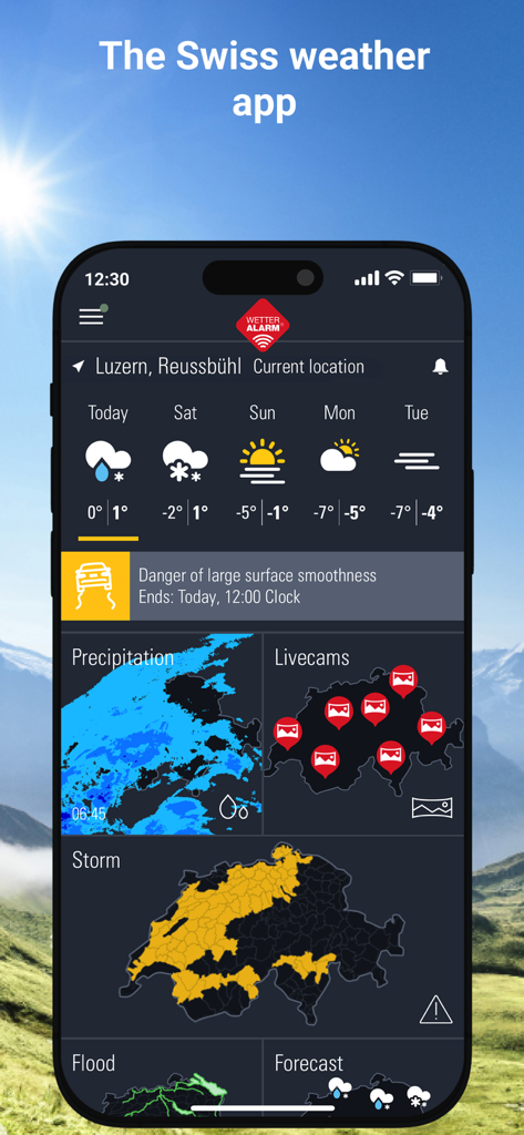 Weather Alarm: Switzerland - Panel de control de la aplicación Weather Alarm Switzerland mostrando pronósticos meteorológicos locales, radar de precipitación y mapa de cámaras en vivo.