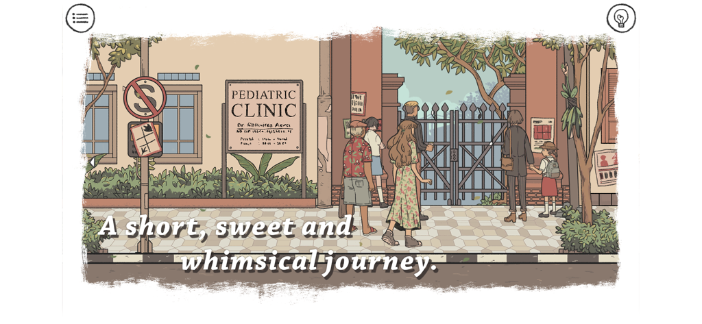 Hand-drawn illustration of characters standing in front of a pediatric clinic from the game When The Past Was Around.