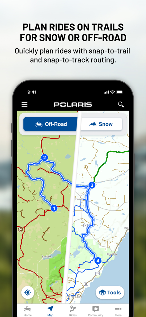 Polaris® - Polaris app screenshot showing a split-screen map interface for planning off-road and snow trail rides