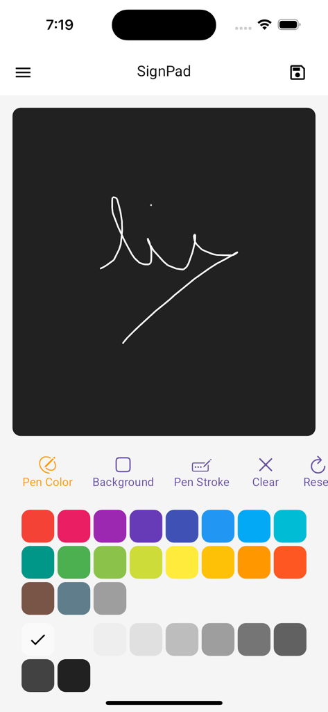 SignPad app interface showing a hand drawn signature and color selection palette