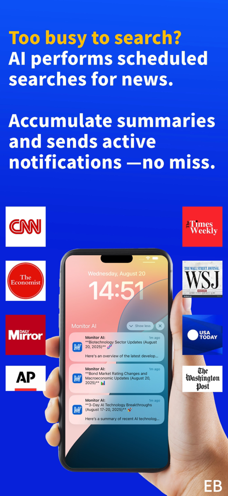 Monitor AI: News-Summarize - Pantalla de smartphone con notificaciones de resúmenes de noticias de IA de los sectores financiero y tecnológico.