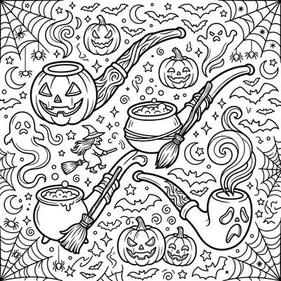 Dive into a unique Halloween world with this spooky coloring page featuring pipes creatively transformed into festive elements. Discover jack-o'-lantern pipes, cauldron pipes, and a flying witch amidst bats and ghosts for an unforgettable coloring experience.