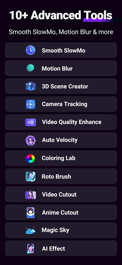A list of advanced video editing tools in Motion Ninja including Smooth SlowMo, 3D Scene Creator, and AI Effects.
