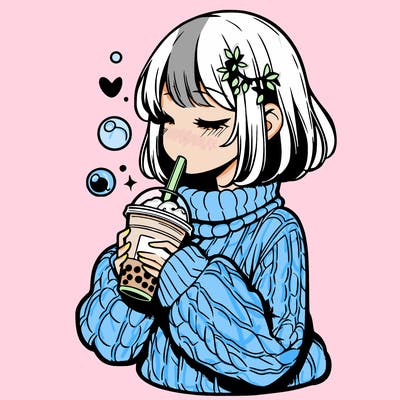 manga girl drinking boba in cozy sweater