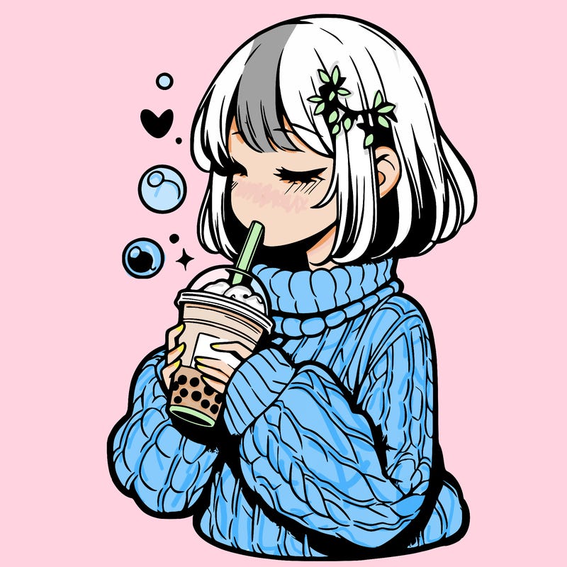 manga girl drinking boba in cozy sweater